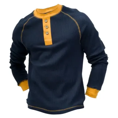 Men's Waffle Henley T-Shirt Color Block Long Sleeve Casual Pullover