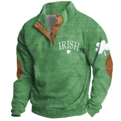 Men\'s Sweatshirt Irish St. Patrick\'s Day Print Stand Collar Buttons Color Block Vintage Daily Tops