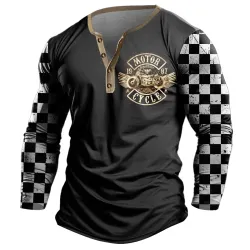 Men\'s T-Shirt Henley Motorcycle Checkerboard Print Contrast Color Long Sleeve Outdoor Daily Tops