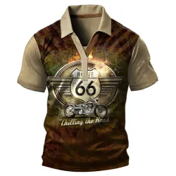 Men\'s Route 66 Lapel T-Shirt Road Trip Short Sleeve Colorblock Tee