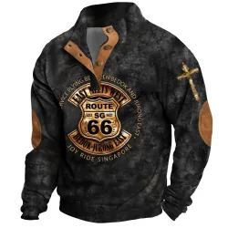 Men\'s Sweatshirt Route 66 Cross Stand Collar Buttons Color Block Vintage Daily Tops