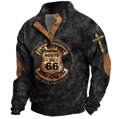 Men's Sweatshirt Route 66 Cross Stand Collar Buttons Color Block Vintage Daily Tops