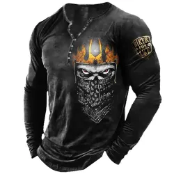 Men\'s T-Shirt Henley Mask Motorcycle Skull Long Sleeve Vintage Daily Tops