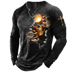 Men\'s T-Shirt Henley Dark Skull Cross Long Sleeve Vintage Daily Tops