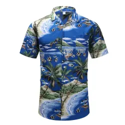 Summer Retro Printed Shirt Men\'s Short-sleeved Cuban Collar Shirt Hawaiian Style Pattern