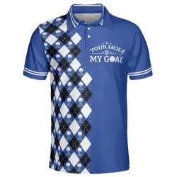 Men\'s Blue Argyle Pattern Your Hole Is My Goal Golf Polo Shirt Casual Sports Lapel T-Shirt