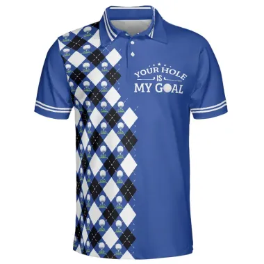 Men's Blue Argyle Pattern Your Hole Is My Goal Golf Polo Shirt Casual Sports Lapel T-Shirt