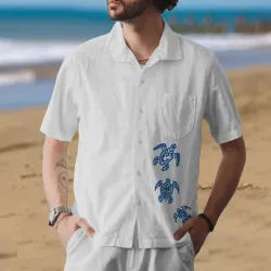 Men\'s Cotton Linen Shirt Turtle Print Beach Vacation Hawaiian Pocket Short Sleeve Casual Daily