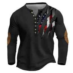 Men\'s T-Shirt Henley American Flag Scratch Long Sleeve Vintage Color Block Daily Tops