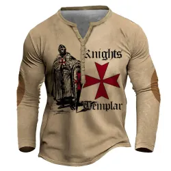 Men\'s T-Shirt Henley Knights Templar Cross Long Sleeve Vintage Color Block Daily Tops