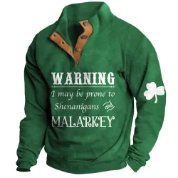 Men\'s Sweatshirt St. Patrick\'s Day Warning Shenanigans Malarkey Shamrock Stand Collar Buttons Vintage Daily Tops