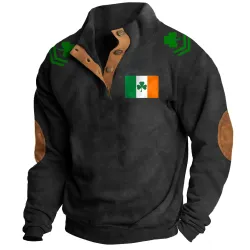 Men\'s Sweatshirt Irish Flag St. Patrick\'s Day Shamrock Stand Collar Buttons Vintage Daily Tops