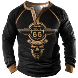 Men\'s T-Shirt Henley Route 66 Skull Print Long Sleeve Contrast Color Daily Tops