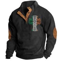 Men\'s Sweatshirt Irish Celtic Cross St. Patrick\'s Day Stand Collar Buttons Vintage Daily Tops