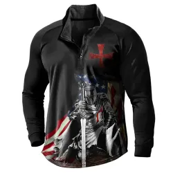 Men\'s T-Shirt Knights Templar American Flag Cross Print Quarter-Zip Stand Collar Outdoor Long Sleeve Daily Tops