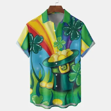 Men's St. Patrick's Day Rainbow Hat Shamrock Hawaiian Summer Vacation Short Sleeve Shirt