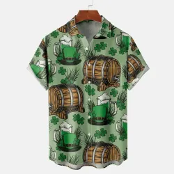 Men\'s St. Patrick\'s Day Beer Bucket Shamrock Hawaiian Summer Vacation Short Sleeve Shirt