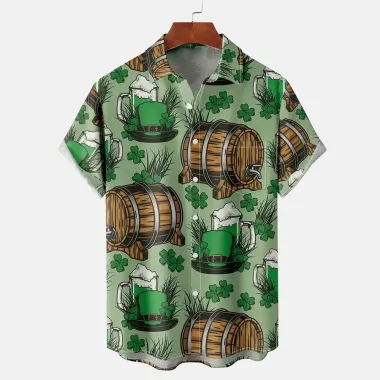 Men's St. Patrick's Day Beer Bucket Shamrock Hawaiian Summer Vacation Short Sleeve Shirt