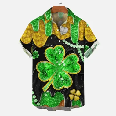 Men's St. Patrick's Day Shamrock Hawaiian Summer Vacation Short Sleeve Shirt