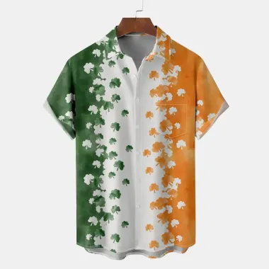 Men's St. Patrick's Day Irish Flag Shamrock Hawaiian Summer Vacation Short Sleeve Shirt