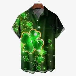 Men\'s St. Patrick\'s Day Lucky Clover Irish Hawaiian Summer Vacation Short Sleeve Shirt