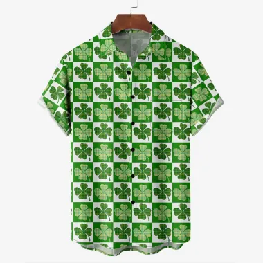 Men's St. Patrick's Day Lucky Clover Irish Hawaiian Summer Vacation Short Sleeve Shirt