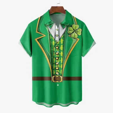 Men's St. Patrick's Day Lucky Clover Irish Tuxedo Hawaiian Summer Vacation Short Sleeve Shirt