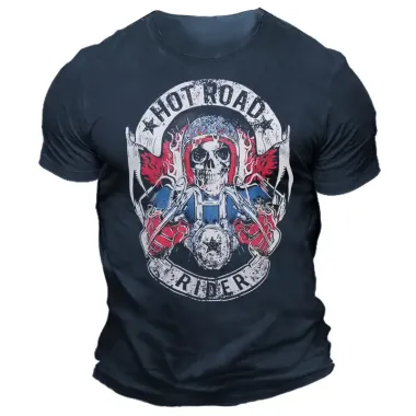 Men's Vintage Hot Road Skull Print Short Sleeve Crew Neck T-Shirt