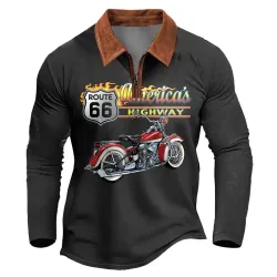 Men\'s T-Shirt Zipper Polo Patchwork Leather Route 66 Motorcycle Long Sleeve Vintage Contrast Color Daily Tops