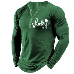 Men\'s T-Shirt Henley Lucky St. Patrick\'s Day Irish Shamrock Long Sleeve Vintage Daily Tops