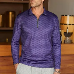 Geometric Zip Long Sleeves Casual Polo Shirt