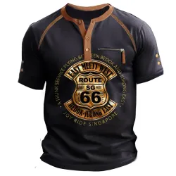 Men\'s Route 66 Printed Henley T-Shirt Zip Pocket Short Sleeve Top