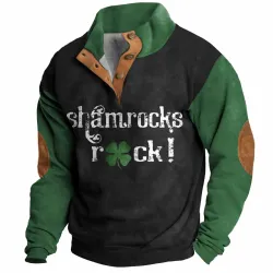 Men\'s Sweatshirt Shamrocks St. Patrick\'s Day Lucky Stand Collar Buttons Color Block Vintage Daily Tops