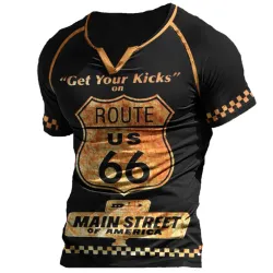 Vintage Men\'s Route 66 Print V-Neck Short Sleeve T-Shirt