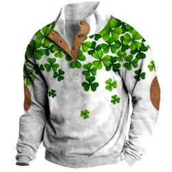 Men\'s Sweatshirt Shamrock St. Patrick\'s Day Lucky Stand Collar Buttons Color Block Vintage Daily Tops