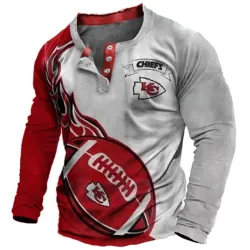 Men\'s Kansas City Chiefs Printed NFL Super Bowl Color Block Henley Shirt