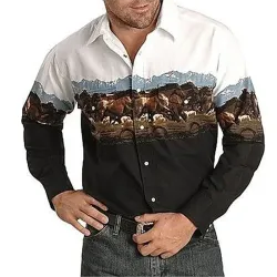 American West Cowboy Prairie Horse Pattern Print Vintage Shirt