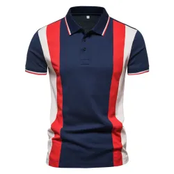 Men\'s Short Sleeved Fashionable Colorful Striped Patchwork Lapel T-shirt Polo Shirt