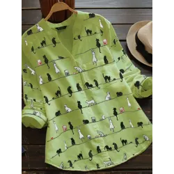 Cartoon Cat Print Casual Cotton And Linen Long Blouse