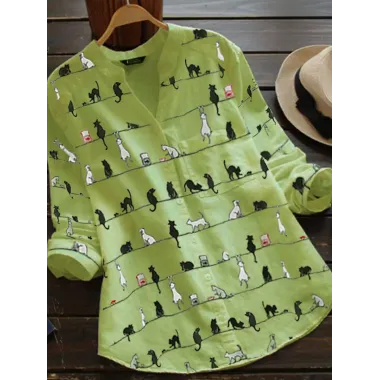 Cartoon Cat Print Casual Cotton And Linen Long Blouse