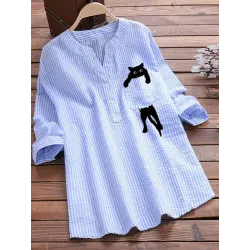 V-neck Cotton And Linen Striped And Cat Print Long Sleeve Blouse