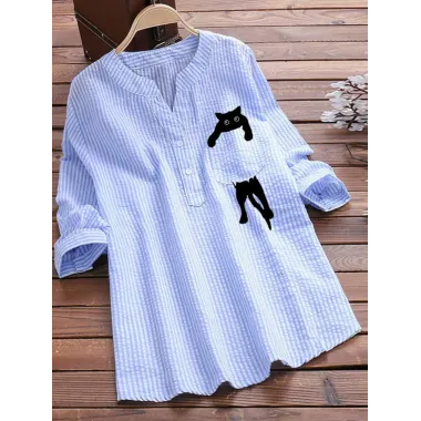 V-neck Cotton And Linen Striped And Cat Print Long Sleeve Blouse