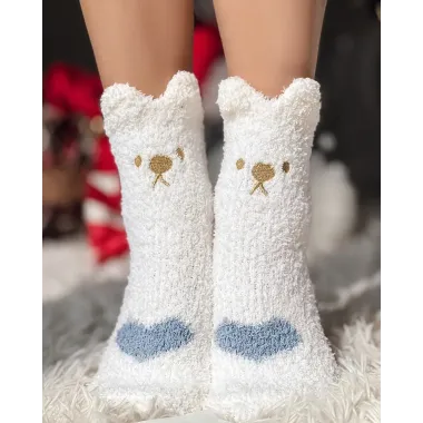 1Pair Bear Ears Heart Pattern Fuzzy Thermal Socks