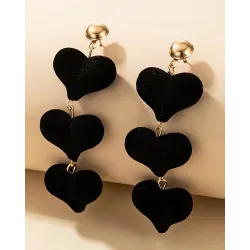 1Pair Black Love Velvet Layered Heart Dangle Earrings