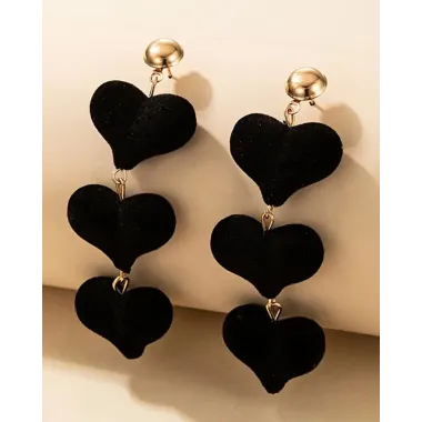 1Pair Black Love Velvet Layered Heart Dangle Earrings