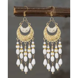 1Pair Bohemian Floral Embossed Beaded Tassel Hook Earrings