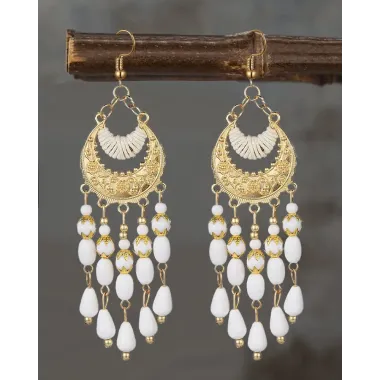 1Pair Bohemian Floral Embossed Beaded Tassel Hook Earrings