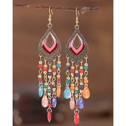 1Pair Bohemian Waterdrop Beaded Tassel Design Hook Earrings