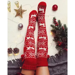 1Pair Christmas Elk Snowflake Print Pom Pom Socks