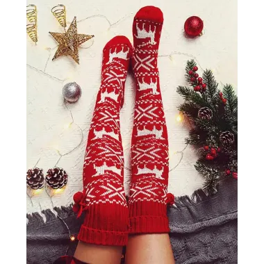 1Pair Christmas Elk Snowflake Print Pom Pom Socks